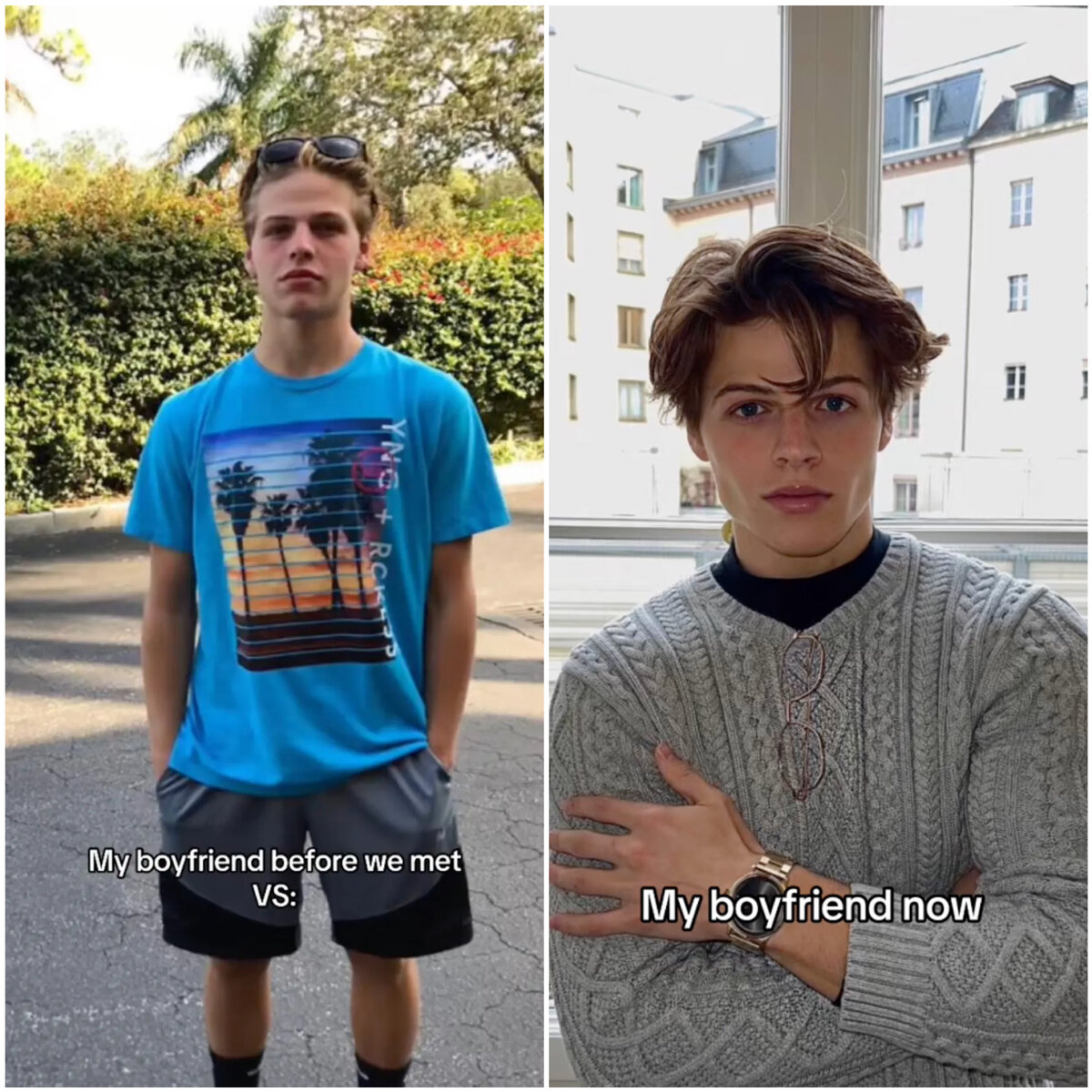 TikTok/brookemonk_ | Преображение Сэма в отношениях. До/после