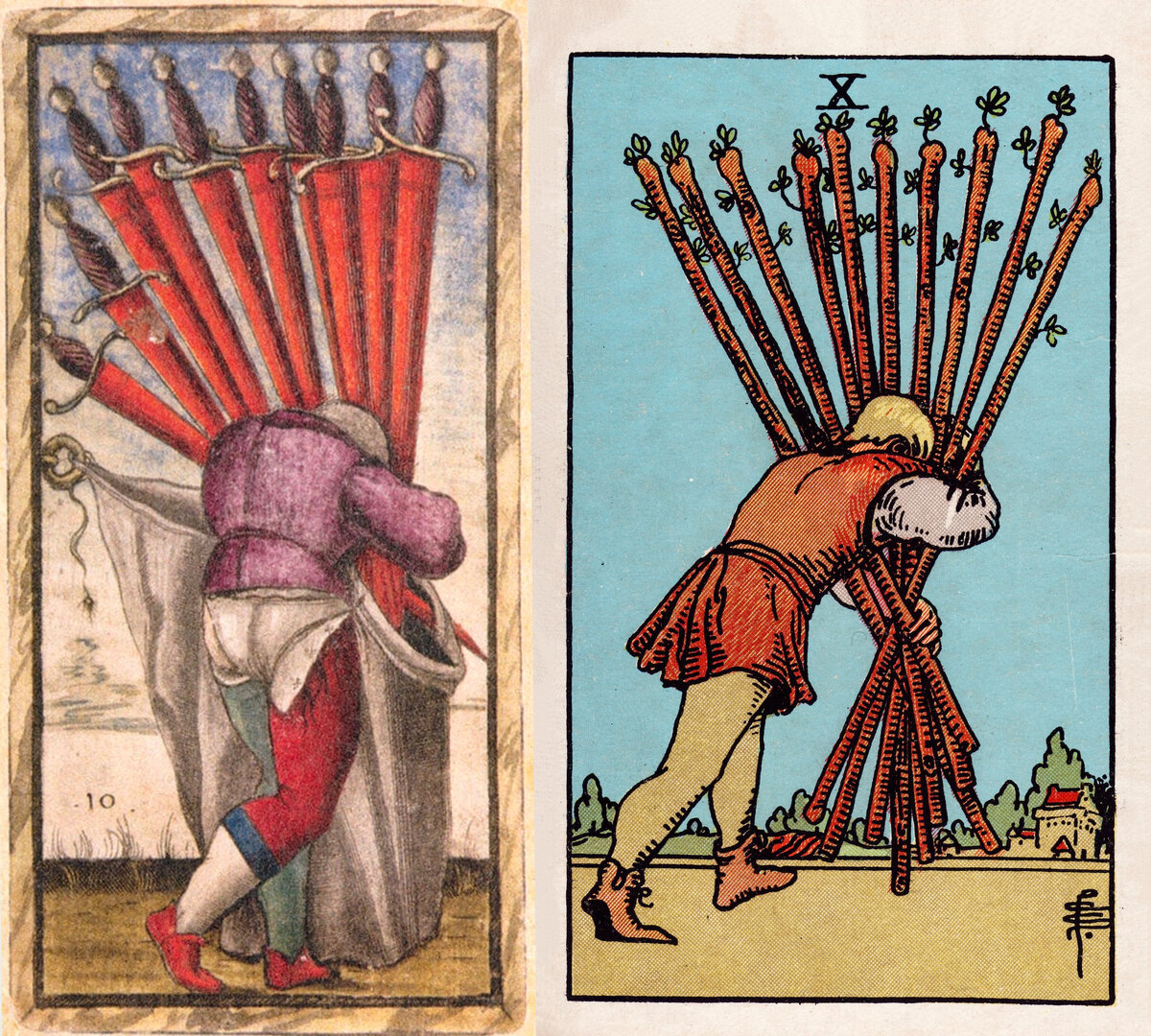 Десятка мечей Sola-Busca и Десятка Жезлов Rider-Waite-Smith