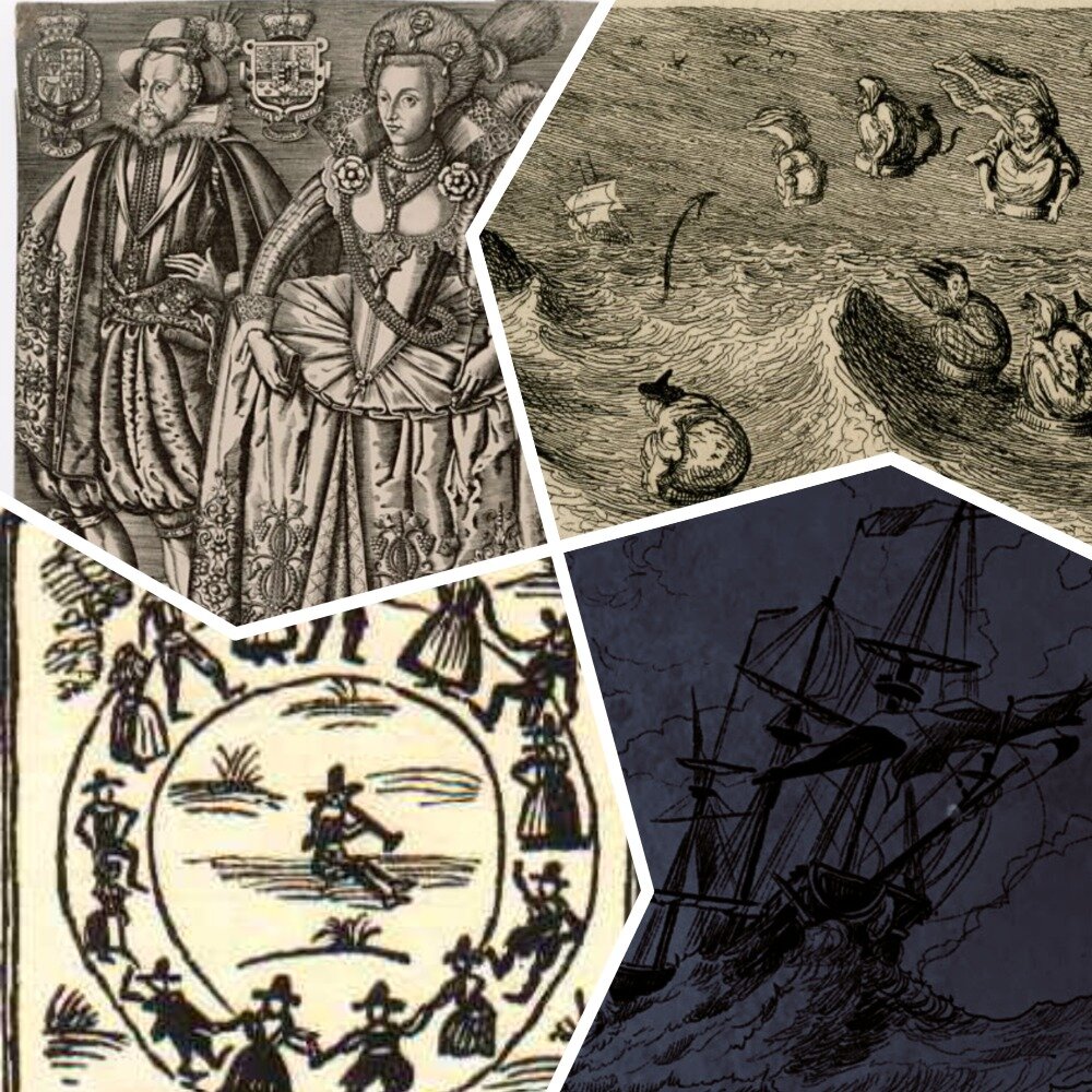 Анна Датская и Яков. Ведьмы, преследующие корабль. Внизу - шабаш ведьм.