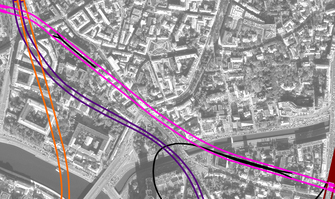 Карта перегона Николоямская - Ильинка с расположением соседних туннелей. Трассировка туннеля Некрасовской линии выделена розовым, пути Кольцевой линии - коричневым, пути Калужско-Рижской - оранжевым, пути Таганско-Краснопресненской - фиолетовым, технические туннели - черным.
