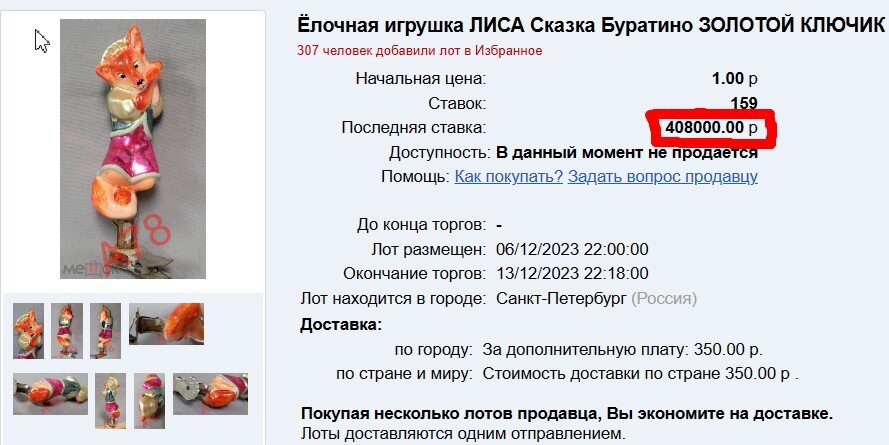 Ёлочная игрушка Лиса Алиса из Набора "Золотой ключик", сделано в СССР, фото с сайта https://meshok.net/