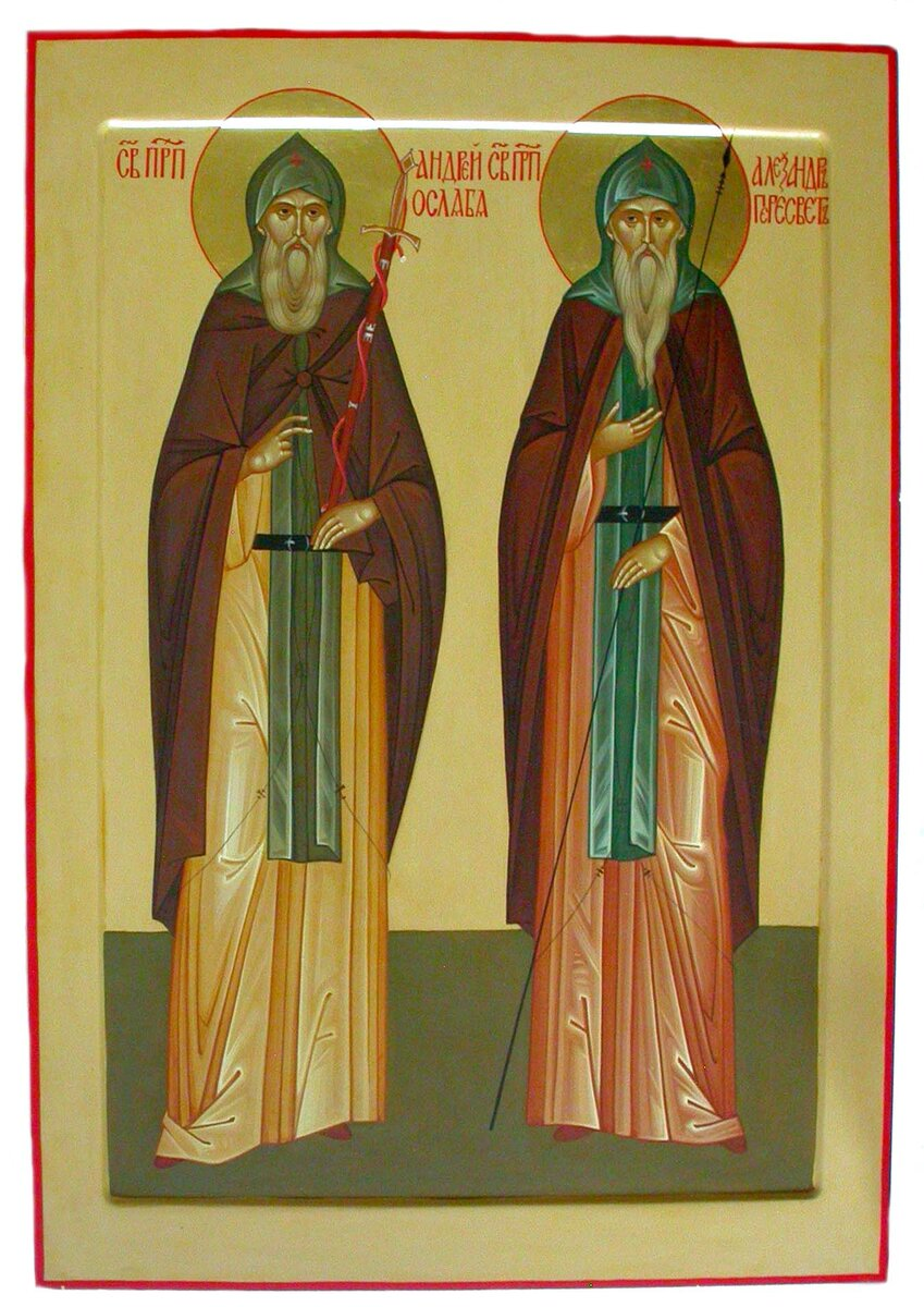 Икона "Святые преподобные Андрей (Ослябя) и Александр (Пересвет)". Земцов Ю. В., 2005 г.