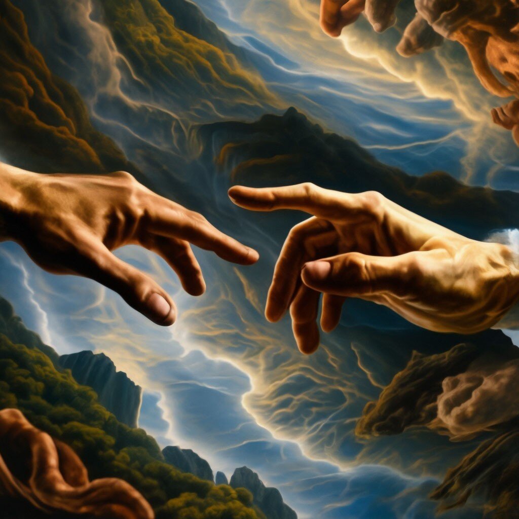 Сотворение Адама. Оммаж знаменитой фреске Микеланджело нейросетей. 