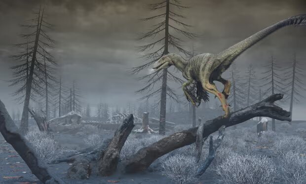 Впечатление художника о Северной Дакоте в первые месяцы после столкновения с астероидом изображает темный, пыльный и холодный мир, в котором последние нептичьи динозавры, проиллюстрированные видом Dakotaraptor steini, были на грани вымирания. Фото: доктор Марк Гарлик