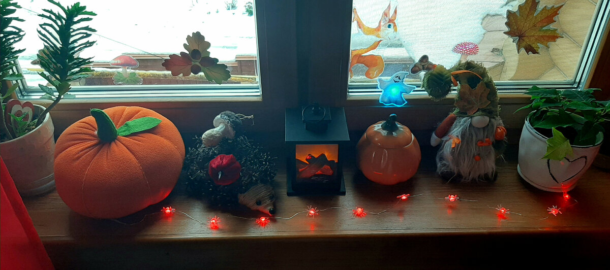 Их окошко, на котором сегодня повились тыква-горшочек с мармеладками, маленькое приведение с Сима-ленд и огоньки-пауки из Фикс прайс, всё куплено когда-то случайно между делом.