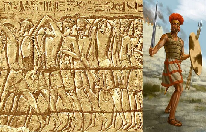 Пленные ФИЛИСТИМЛЯНЕ на египетском барельефе о подвигах фараона Рамсеса III (1150г.до н.э.). \ ФИЛИСТИМСКИЙ воин (реконструкция). (istmira.com)