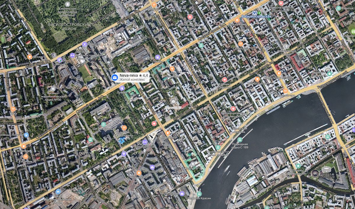 Немного географии. Месторасположение ЖК Neva-Neva на карте Васильевского острова. Изображение взято с Яндекс.Карт