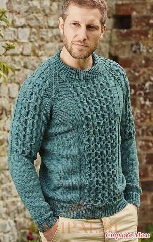 Мужской пуловер фасона «реглан» украшен рисунком со жгутами. Описание мужского пуловера от дизайнера Pat Menchini переведено из журнала “The Knitter”.