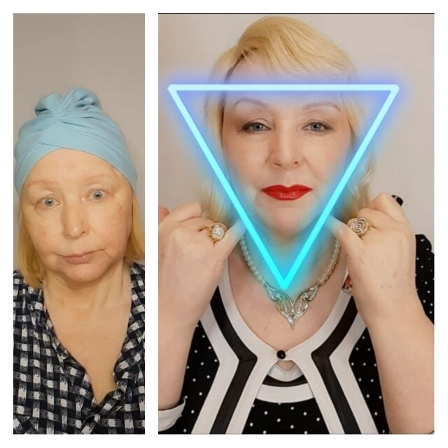 Это мое фото. До макияжа и с макияжем, для создания иллюзии "треугольника молодости"