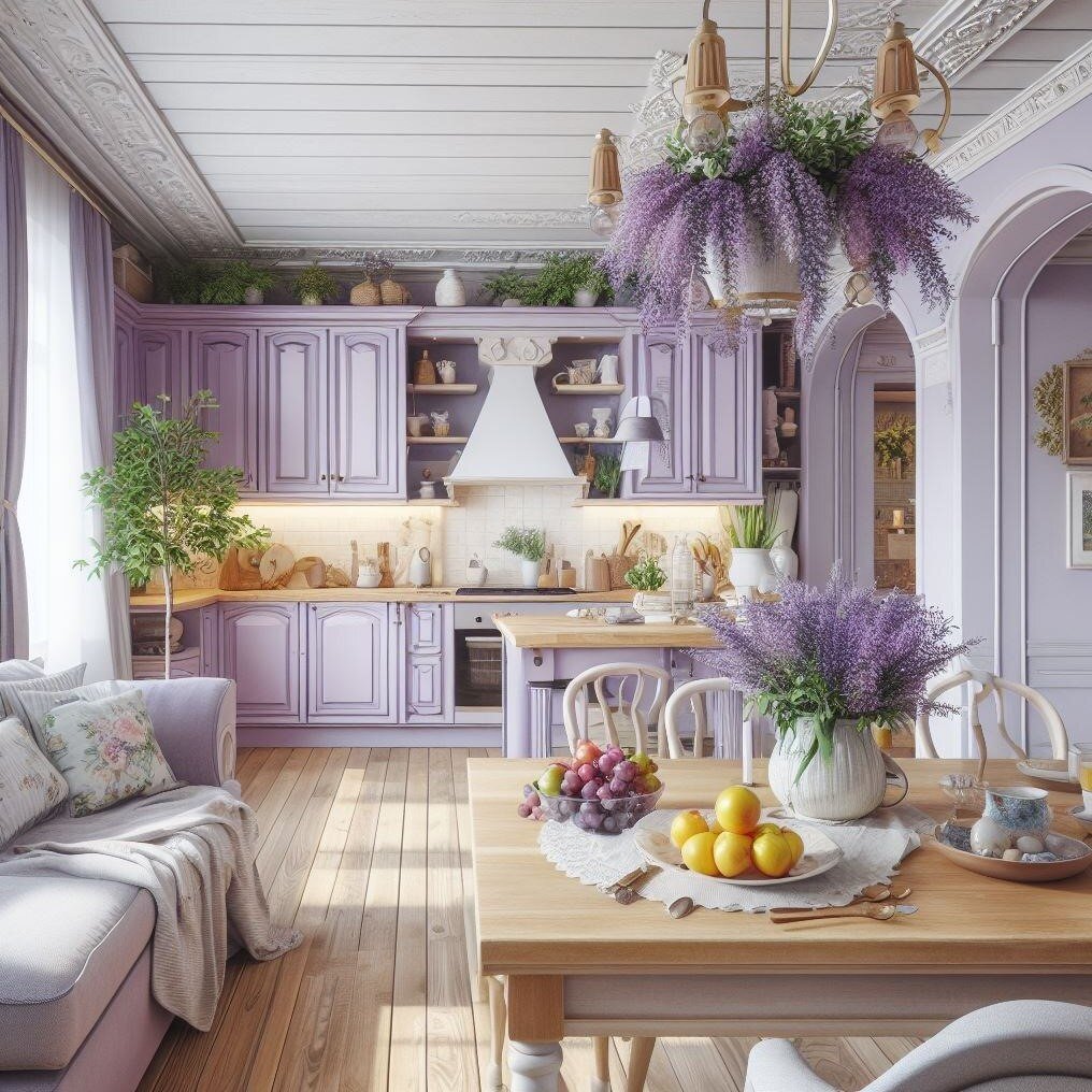 Лавандовый цвет в интерьере кухни - 69 фото
