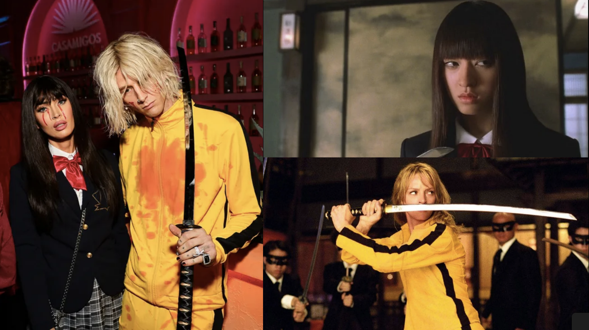     Меган Фокс и Machine Gun Kelly в образах из фильма «Убить Билла» слева, кадры из фильма «Убить Билла» справа