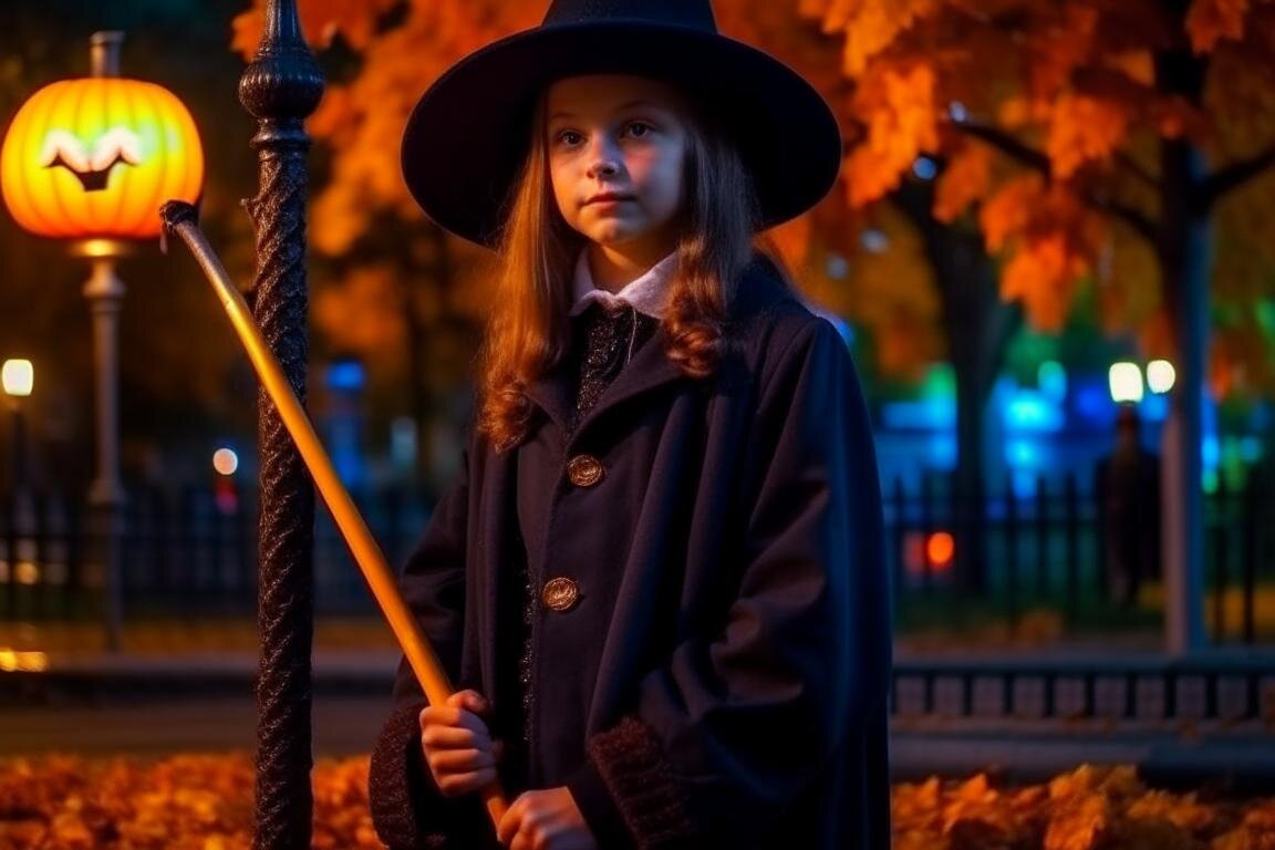 Девочка в костюме ведьмы у входа в парк. Нейросеть Kandinsky 2.2.