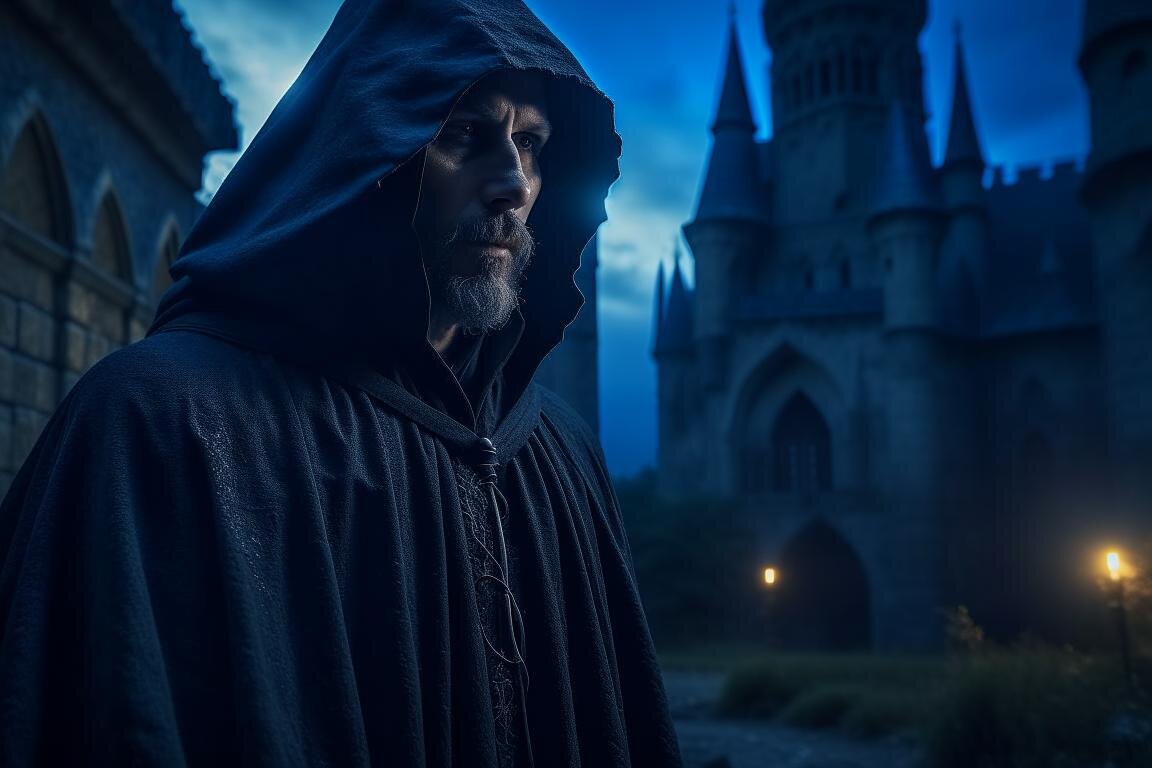 Колдун возле заброшенного замка. Нейросеть Kandinsky 2.2.