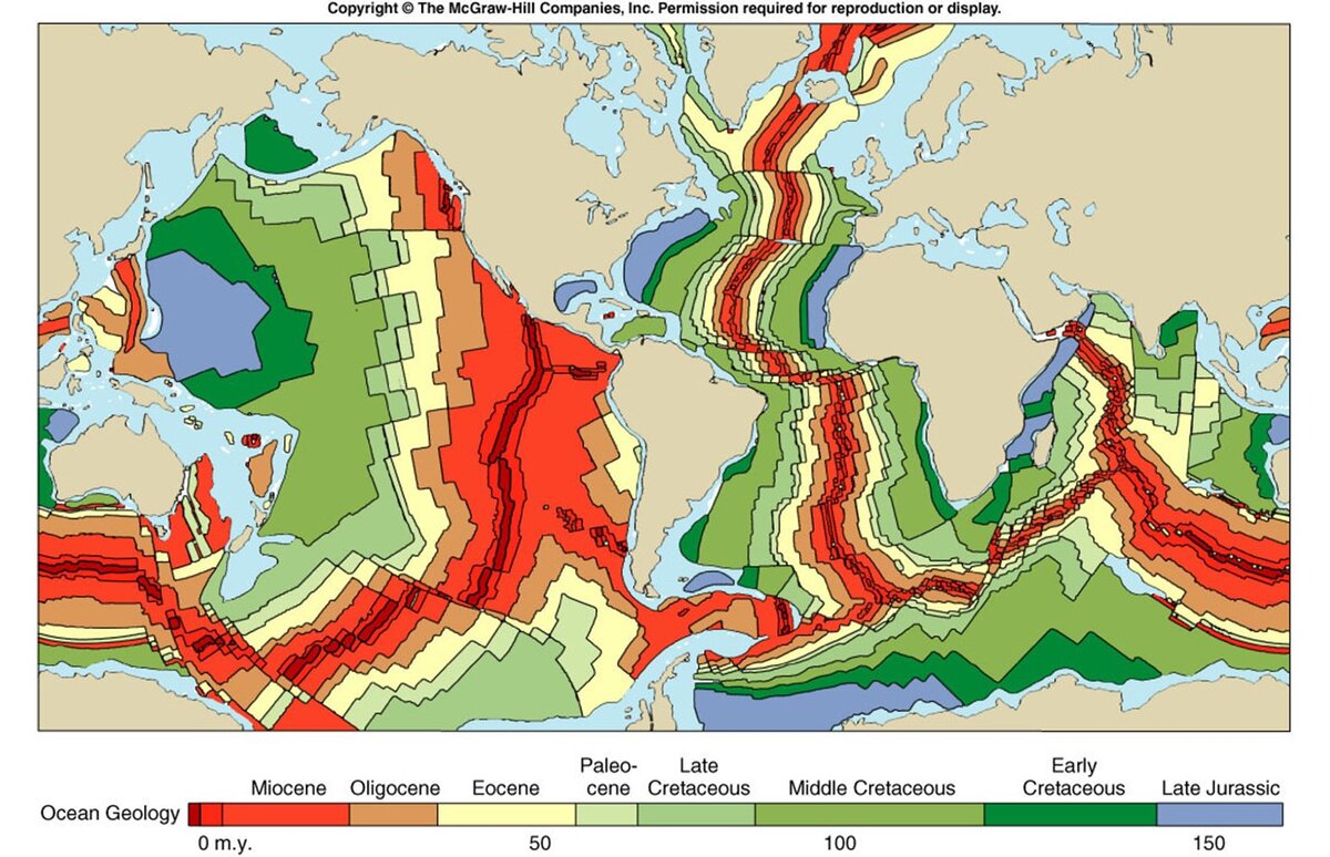 Карта возраста. Возраст океанической коры. Карта возраста океанической коры. Карта возраста океанического дна. Линейные магнитные аномалии океанского дна.