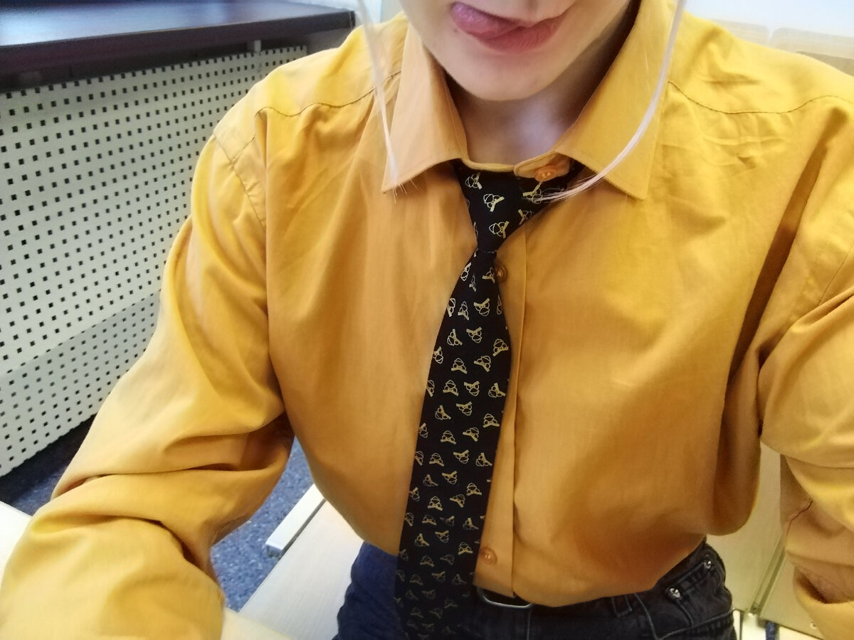 (Прыкладаю здымак сябе ў жоўтай кашулі ды гальштуку «Angry birds».)