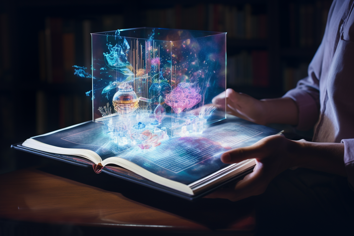 Робот читает книгу. Литература будущего. Книги и компьютер. Литература будущего. Открытая книга.