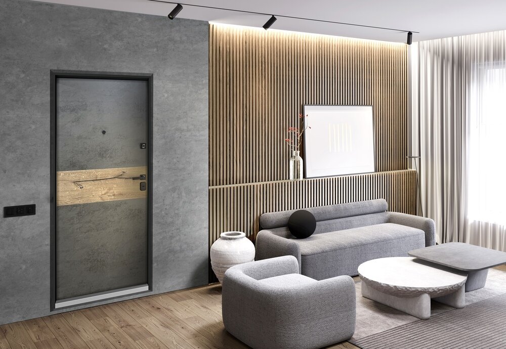 Входная дверь FALKO с отделкой под дерево и бетон 