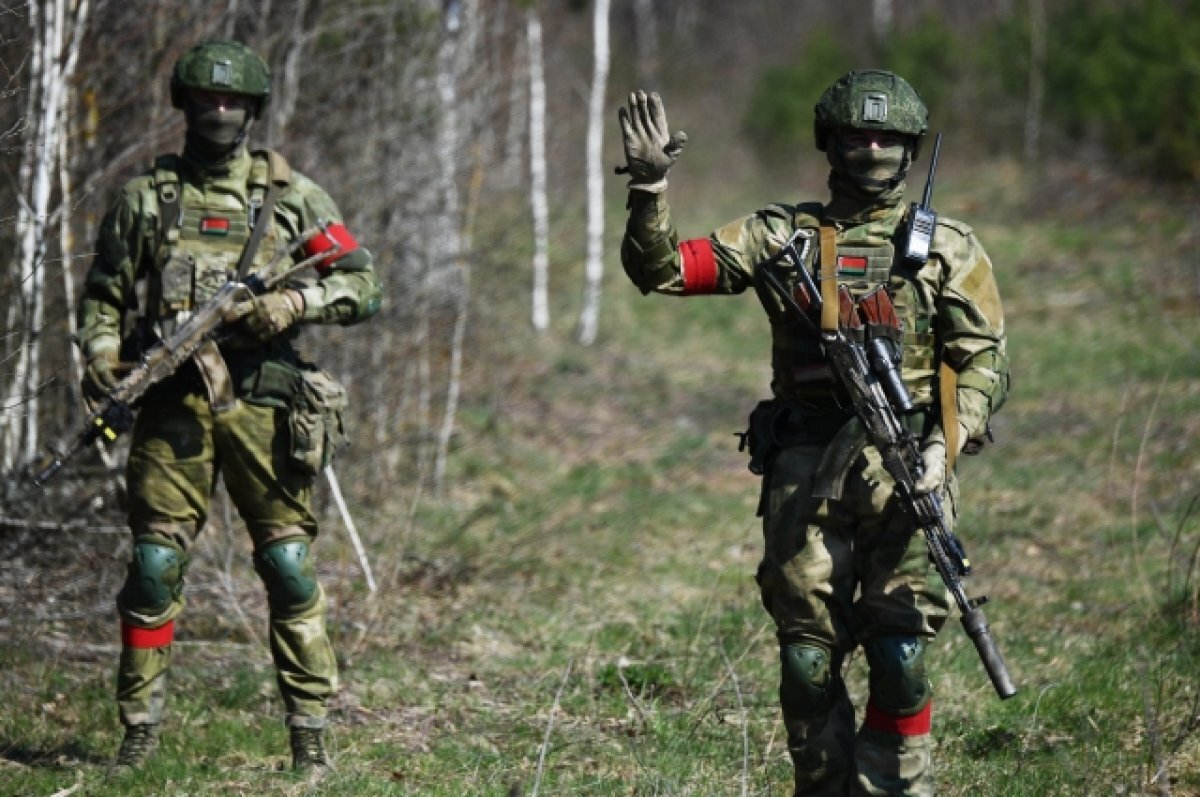    Военнослужащие десантных войск Белоруссии патрулируют белорусско-украинскую границу в Гомельской области.