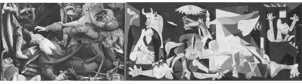 The Temptations of Saint Anthony, part of the Isenheim altarpiece, ca 1515, by Matthias Grünewald & Guernica by Picasso.