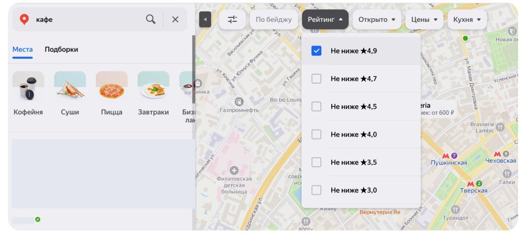 Пользователь увидит только те кафе, рейтинг которых 4,9 или 5,0