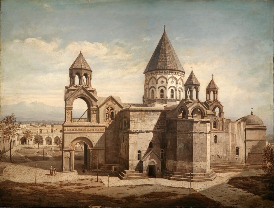 Кафедральный собор Эчмиадзина. Рисунок Карла Греба 1854 г. Из книги “Закавказье”. Очерки народов и рас между Черным и Каспийским морями. Автор – барон Август фон Хакстхаузен. Оригинал хранится и оцифрован Британской библиотекой.