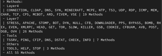 Консоль MHDDoS с обширным меню атак