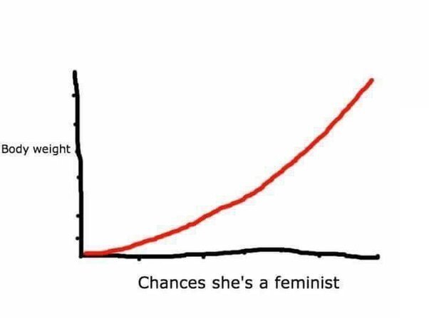 Стереотип о феминистках: по оси y - вес женщины, по оси х - шансы, что она - феминистка