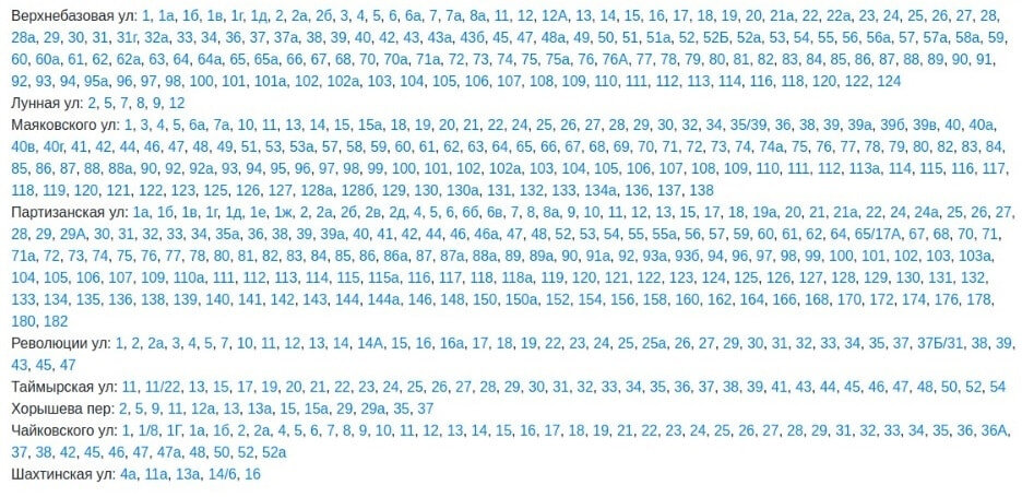    Список адресов, которые остались без холодного водоснабжения