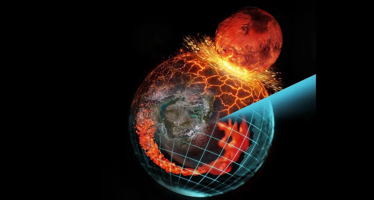 Проведя серию симуляций, профессор Дэн обнаружил, что после столкновения с Луной значительное количество материала мантии Тейана – около двух процентов массы Земли – попало в нижнюю мантию Гайи. Фото: HSS