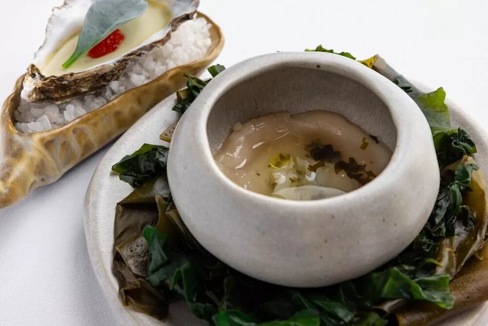 Seaside: крем из устрицы с икрой, устричным листом и лимонным гелем; гребешок с ферментированным лимоном, водорослями, огурцом и эмульсией из эстрагона📷
