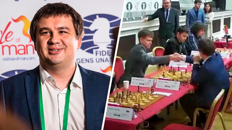    Юрий Кузубов пожимает руку Владиславу Артемьеву.FIDE, скриншот видео