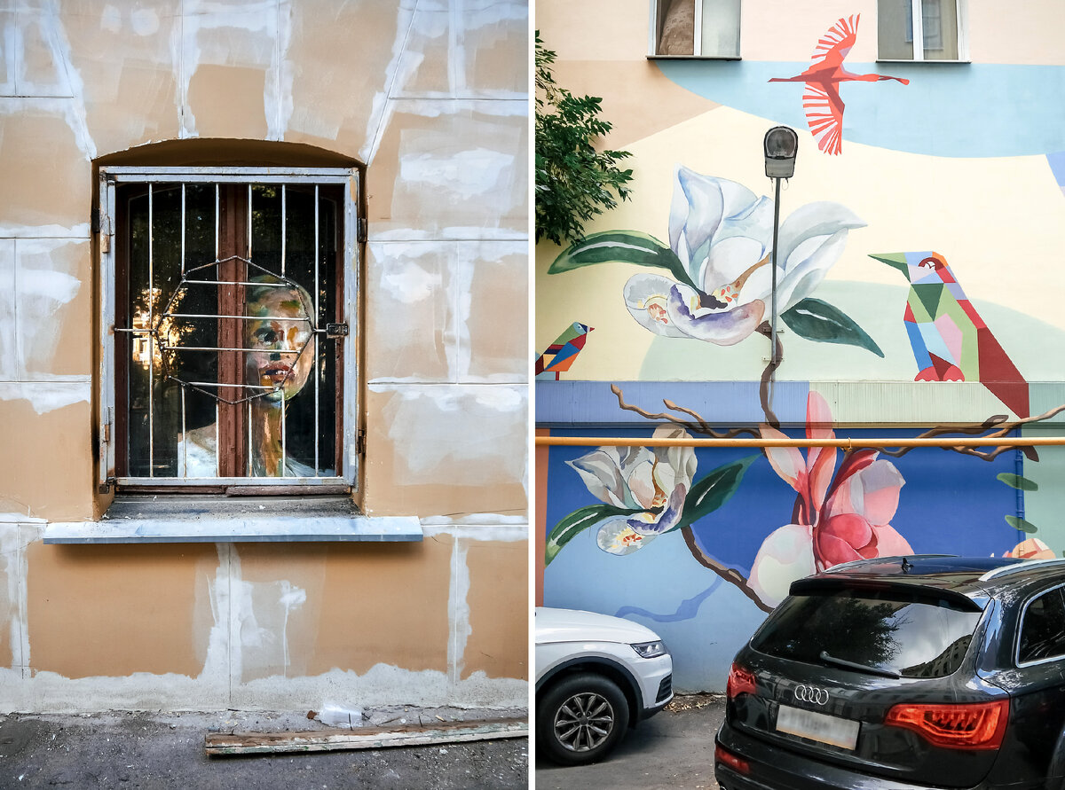 Дворик в Среднем Кисловском переулке, слева - окно скорее всего художественного салона «Галерея имени никого», справа - роспись торца стены дома 5/6с14