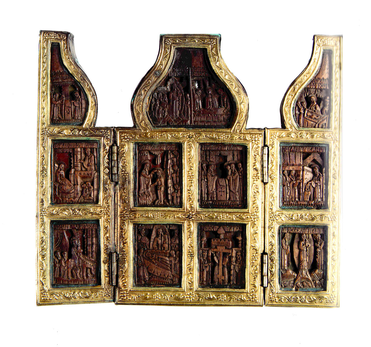 Деревянный резной складень 17 века с кокошниками 