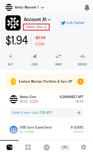 Интерфейс кошелька Martian Wallet