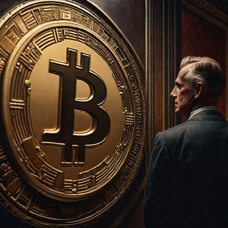 Какой то человек смотрит на картинку биткоина. Источник: Нейросеть