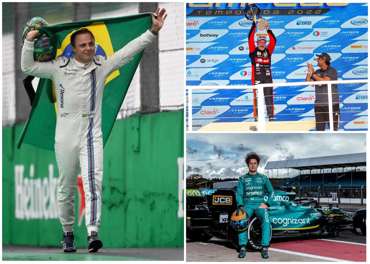 Фелипе Масса после схода на Гран-При Бразилии 2016 года (слева), Рубенс Баррикелло празднует успех в Stock Car Brazil 2022 года (справа вверху), тест-пилот Aston Martin Фелипе Другович