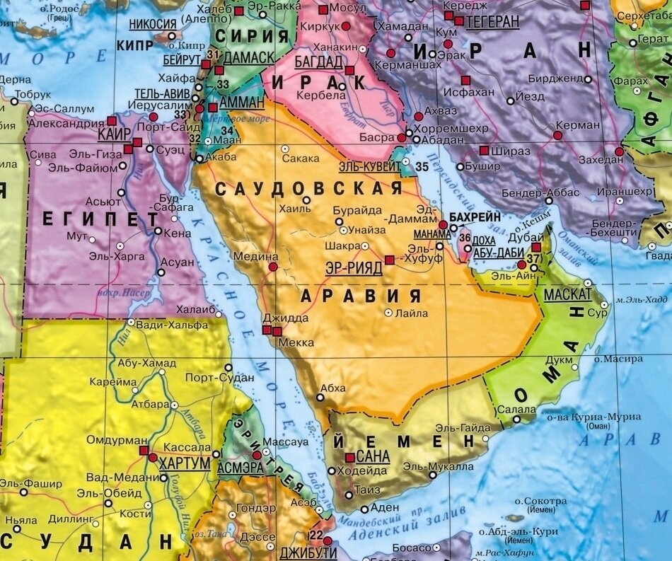 Самый большой полуостров на юго западе азии. Политическая карта ближнего Востока. Страны Персидского залива на карте политической. Королевство Саудовская Аравия на карте.