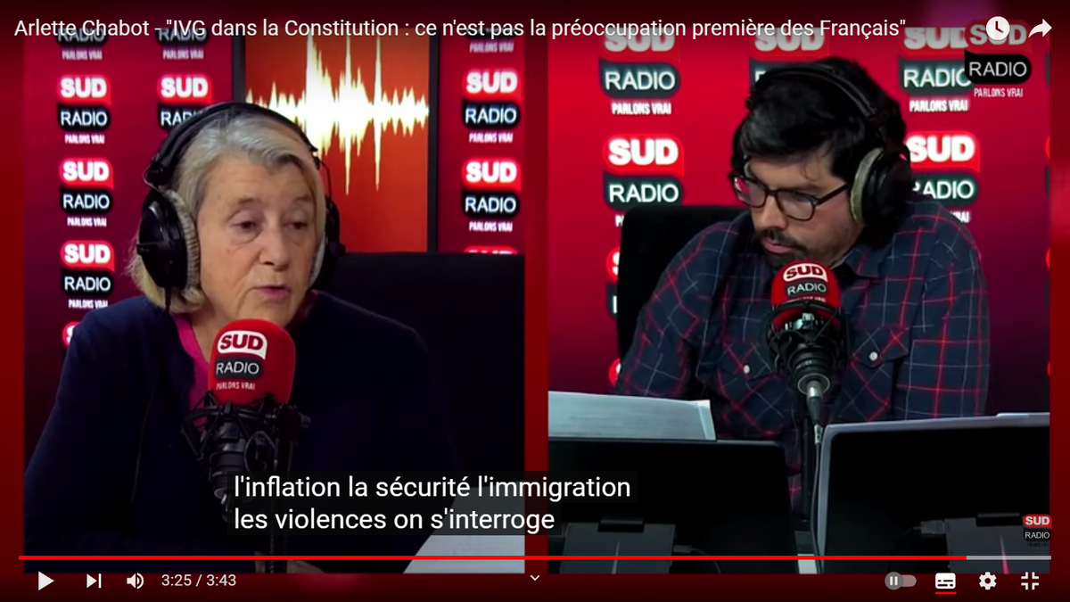 Арлетт Шабо перечисляет заботы французов. Субтитры "инфляция, безопасность, иммиграция, насилие" "Скриншот из передачи с канала SudRadio в YouTube.