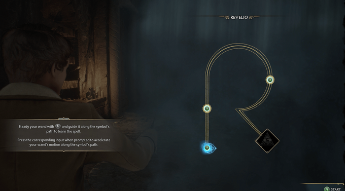 Обучение Ревелио. Нужно провести курсор по линии в нужный момент нажимая обозначенные кнопки для ускорения.