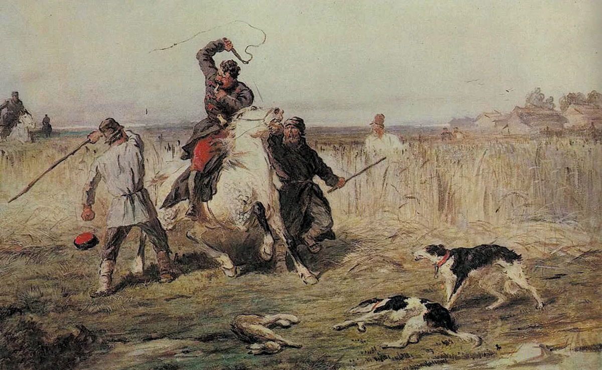 П. Соколов. Потрава помещиком хлеба на крестьянском поле.