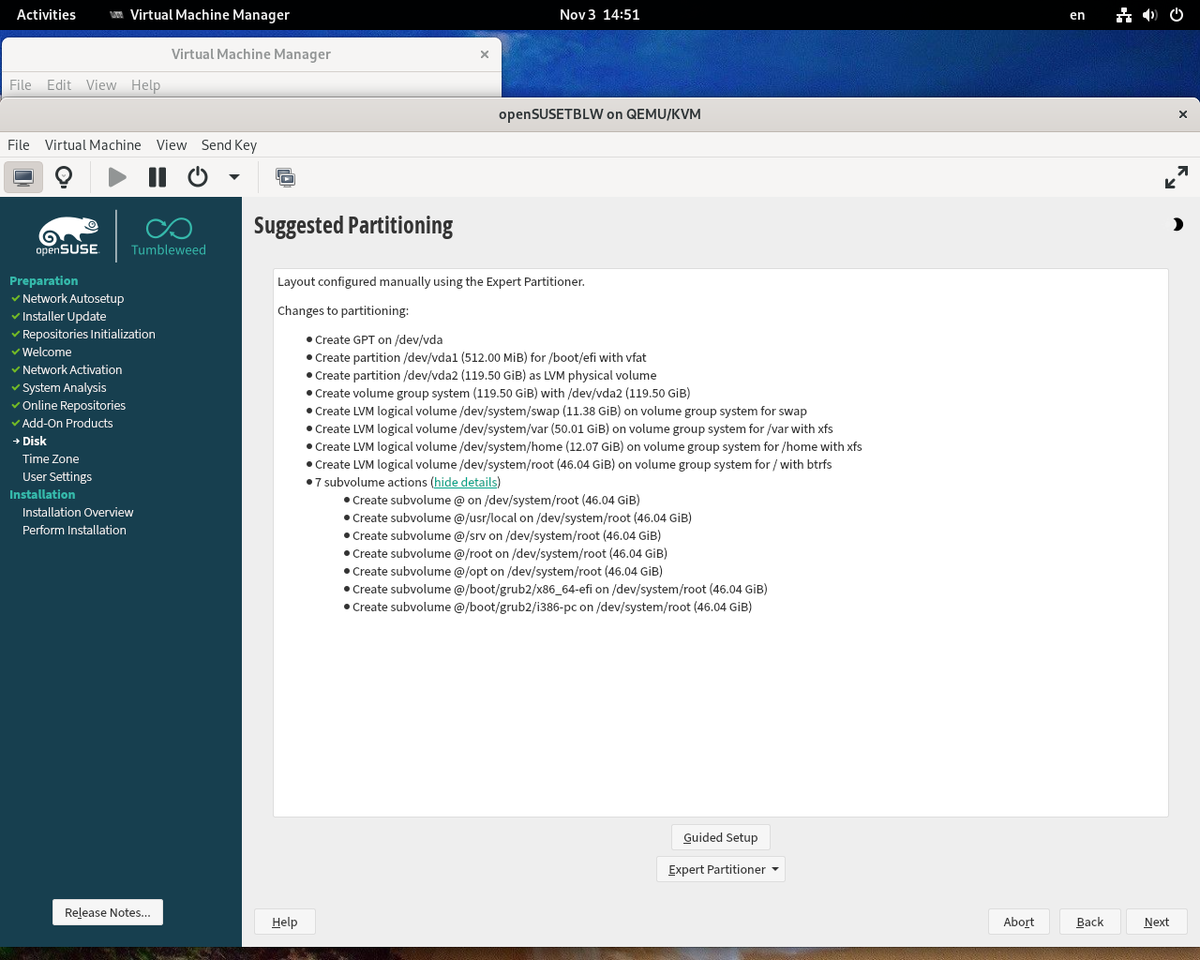 Installer предоставляет окончательное разбиение диска, сконфигурированное Вами