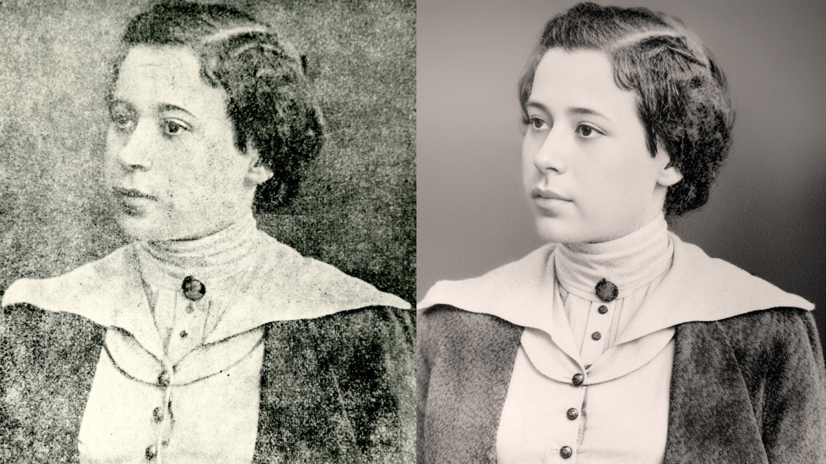 Амина Мухитдинова. Фотография из фондов Научной библиотеки КФУ (слева) отреставрирована с помощью нейросети Stable Diffusion (справа)