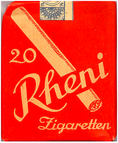 Германия, 1948 год. 20 сигарет в бумажной пачке. 14 пфеннингов за сигарету\2.8 Рейхс-марки за пачку. Табачная фабрика "Zigarettenfabrik Rhenania GmbH" в Андернахе на Рейне. Торговая марка принадлежала "Zigarettenfabrik Rhenania GmbH".