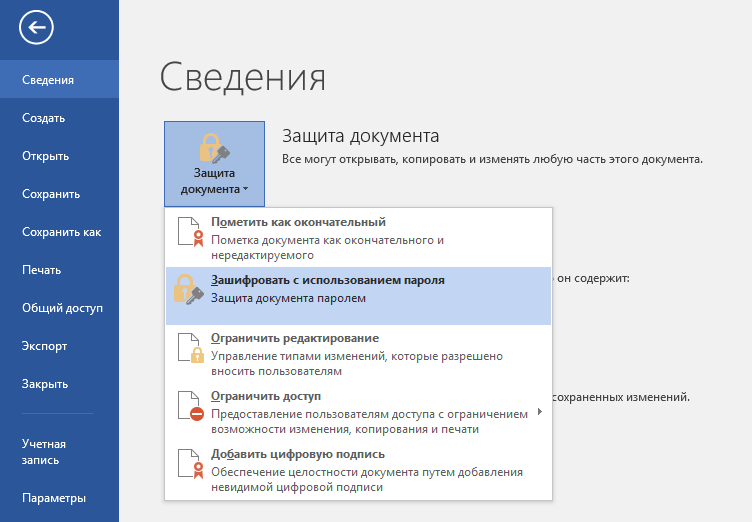 Защитите документ с помощью пароля в программе для обработки текста