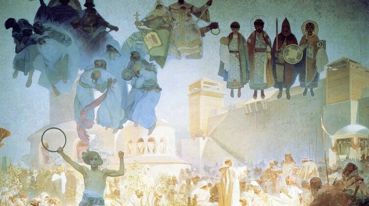    Альфонс Муха, «Ведение славянской литургии» из цикла «Славянская эпопея», 1912 г. Фото: общественное достояние