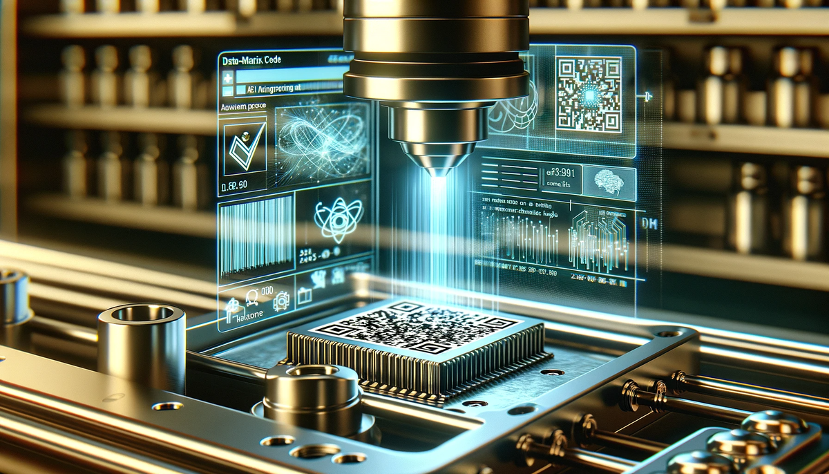 a high-tech product marking system using data-matrix codes in a futuristic setting