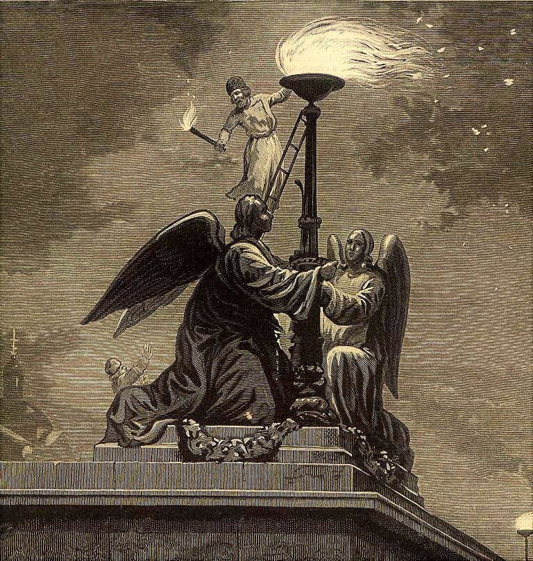 Гравюра с зажиганием факелов на крыше Исаакиевского собора. 