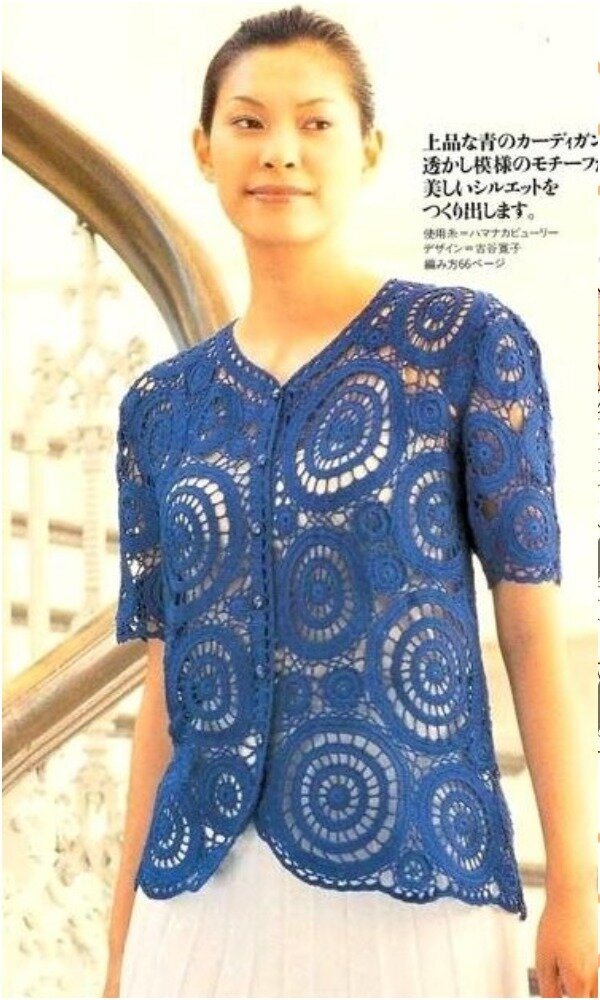 изящный жакет, связанный крючком из круглых элементов