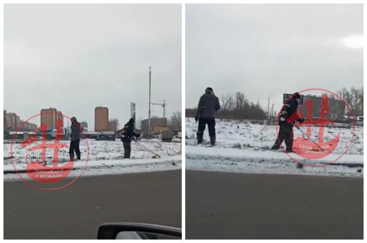    В Новосибирске рабочие косили снег вдоль обочины дороги