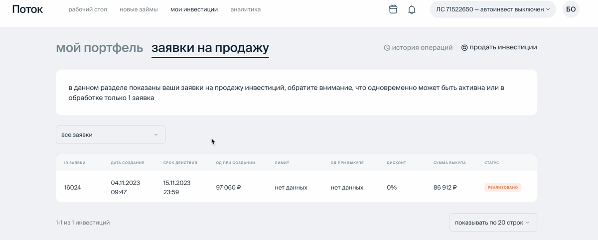 Заявка на продажу